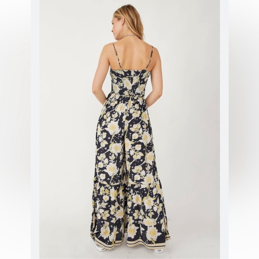 Free People Black Yellow Little of your Love Smocked Floral Jumpsuit size small - Picture 2 of 14